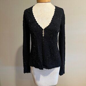 DKNY Beaded Cardigan Size Small Black Wool Rayon Blend Long Sleeve Vintage